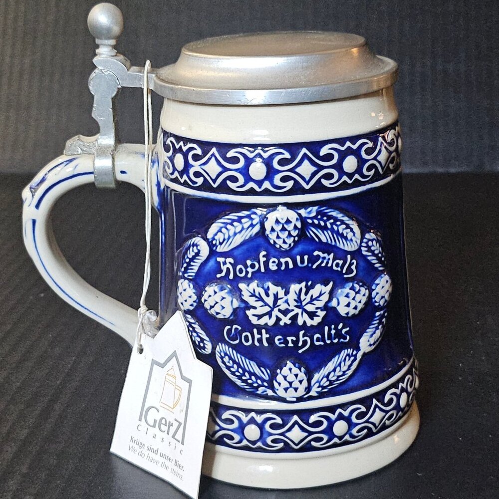 Vtg. Gerz German Zinc Lidded Beer Stein Cobalt Blue Koptenumab Gotterhalt's